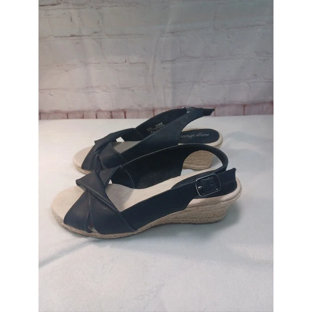 Easy Street Black Espadrille Wedge Slingback Sandals Women's Size 9.5WW
